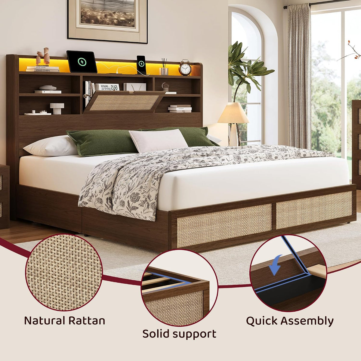 BRELTAM King Size Rattan Bed Frame with 4 Storage Drawers and Hidden Storage Headboard Wooden Platform Bed Frame with LED Lights and Charging Station, No Box Spring Needed, Easy Assembly, Brown