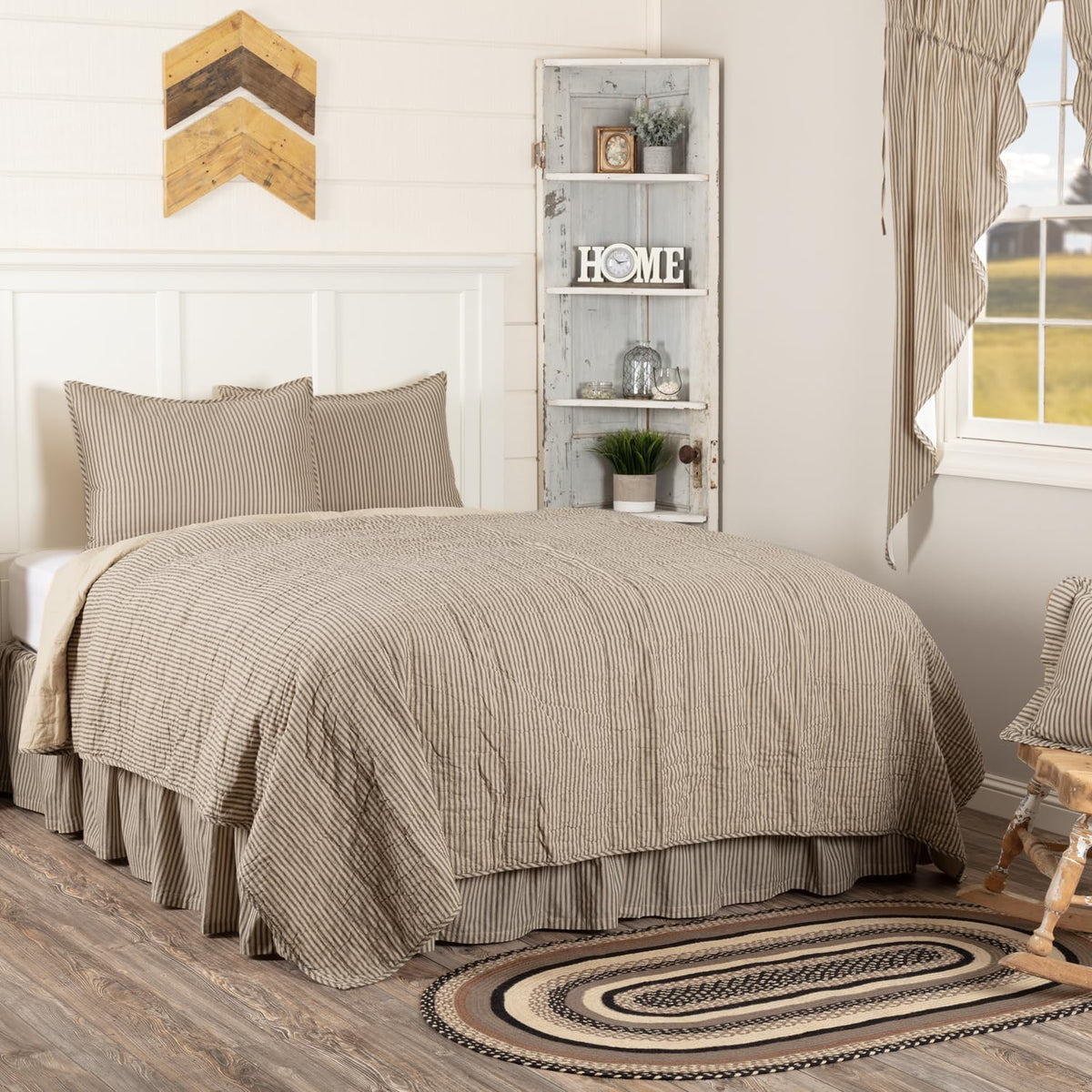 VHC Brands Sawyer Mill Ticking Stripe Queen Quilt Set, Charcoal Gray
