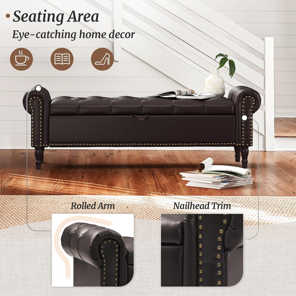 Cozyman Storage Bench Ottoman, 61' Faux Leather Rolled Arm Bedroom End of Bed Bench, Window Bench with Button Tufted and Nailhead Trim for Foot of Bed Bench, Bedroom, Entryway, King Size, Dark Brown