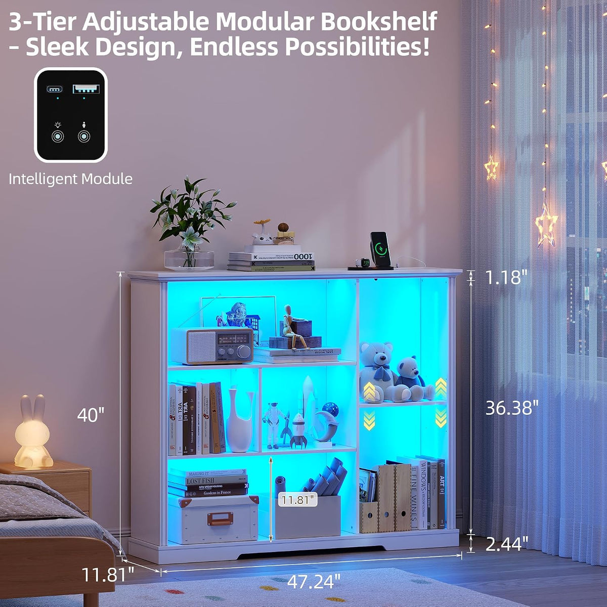 3-Tier LED Bookshelf with Lights - Motion Sensor Bookcase - USB Charging Module - Adjustable Display Shelf for Bedroom Kids Room Living Room Home Office - 47.24 W x 40 H - White
