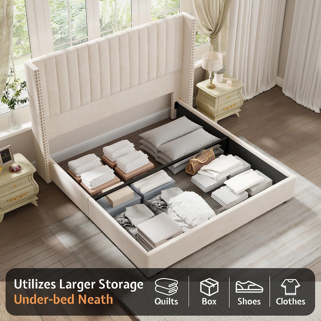 Jocisland Upholstered King Size Lift up Storage Bed Frame, Platform Bed Velvet with Channel Tufted Wingback Headboard, No Box Spring Needed, Cream