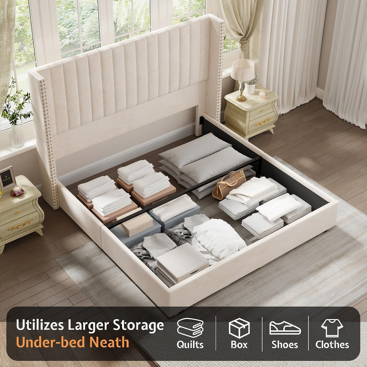 Jocisland Upholstered Queen Size Lift up Storage Bed Frame, Platform Bed Velvet with Channel Tufted Wingback Headboard, No Box Spring Needed, Cream