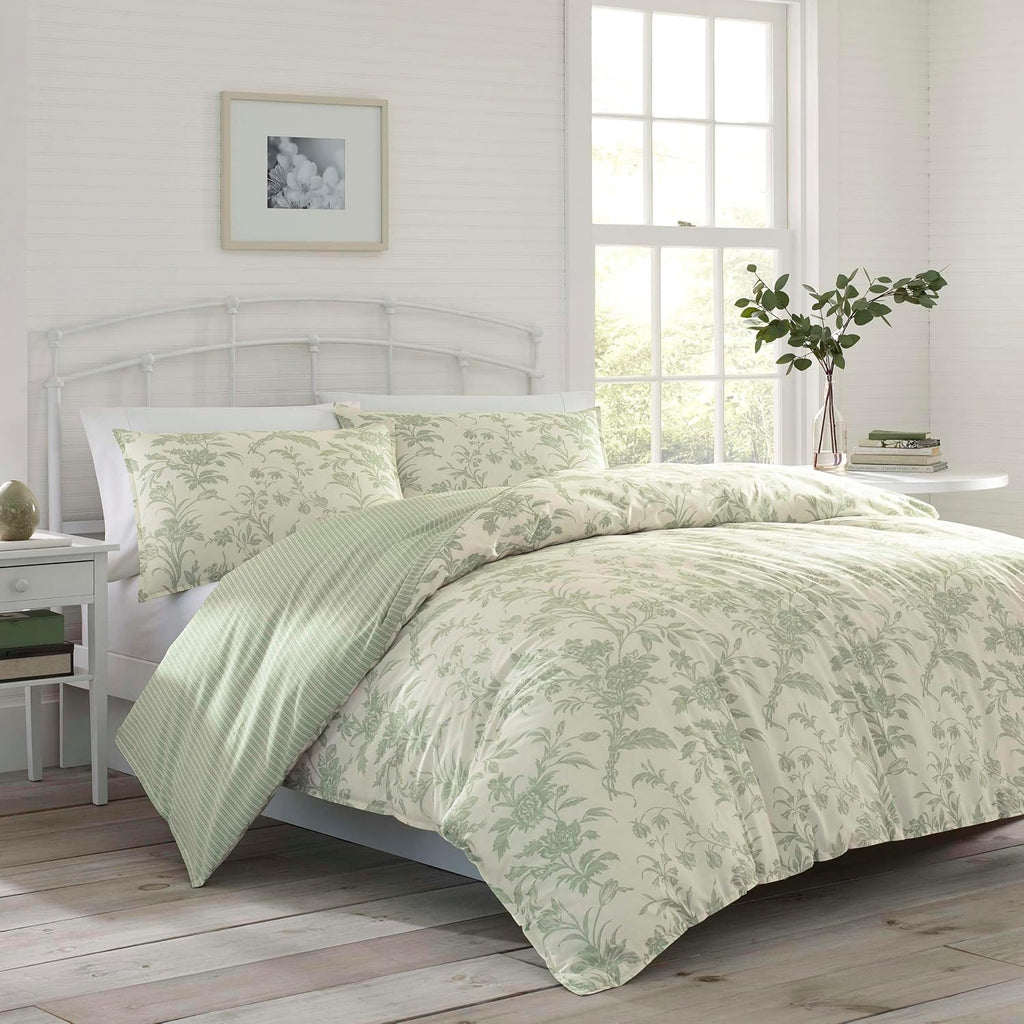 Laura Ashley - Queen Size Bonus Comforter Set, Reversible Cotton Bedding, Includes Matching Shams with Bonus Euro Shams & Throw Pillows (Natalie Green)