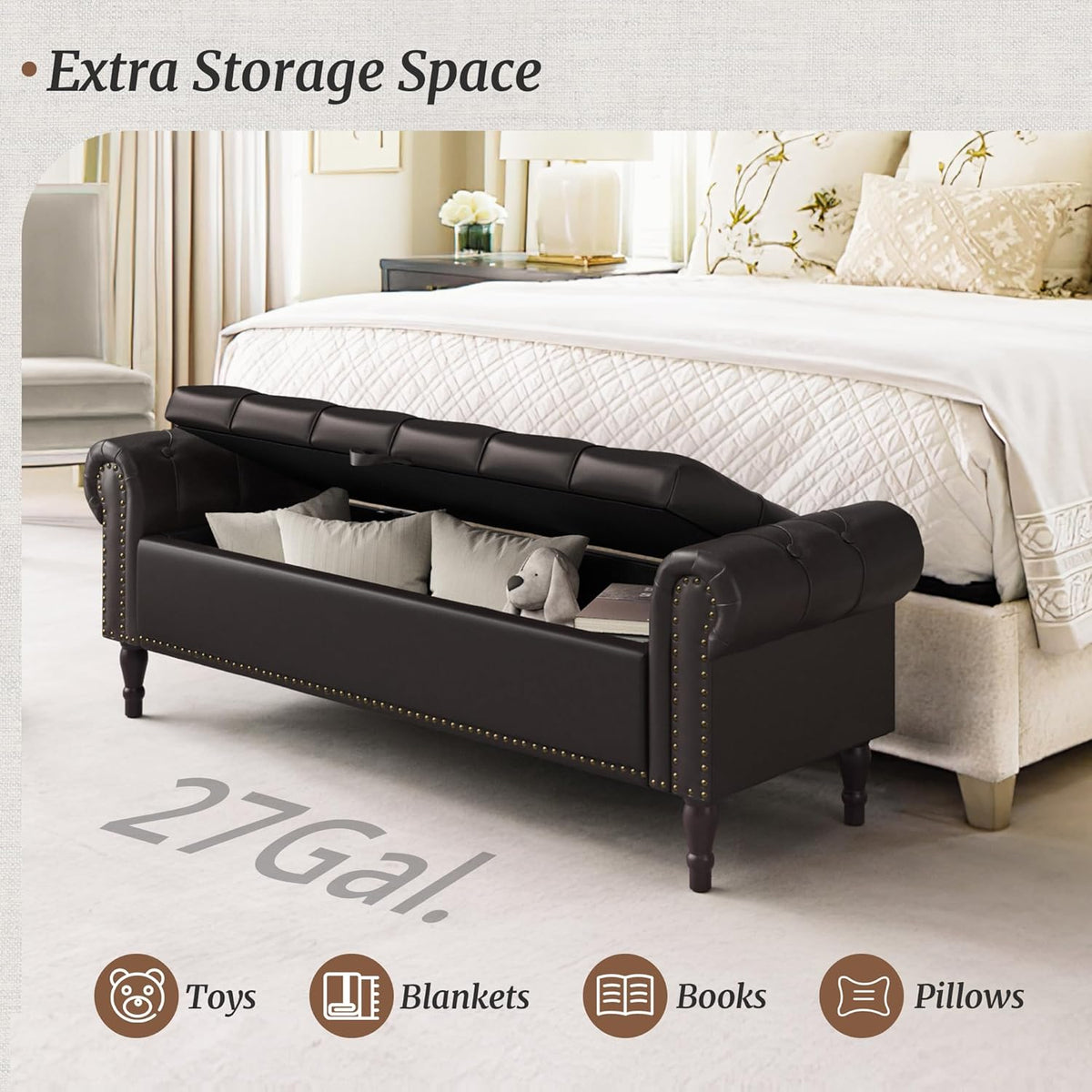 Cozyman Storage Bench Ottoman, 61' Faux Leather Rolled Arm Bedroom End of Bed Bench, Window Bench with Button Tufted and Nailhead Trim for Foot of Bed Bench, Bedroom, Entryway, King Size, Dark Brown