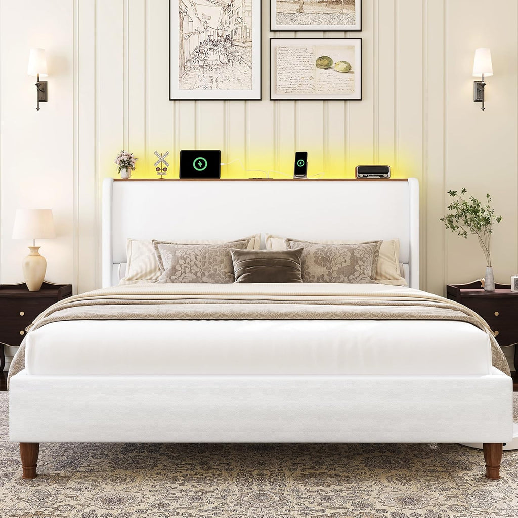 LARMACE King Size Bed Frame with LED Lights and Charging Station Linen Upholstered Platform Bed Frame with 51.2' Tall Wingback Headboard and Storage Shelf, No Box Spring Needed, Easy Assembly, Cream