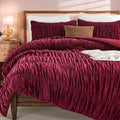 Bedbay Burgundy Velvet Queen Comforter Set,Boho Shabby Chic Ruched Bedding Comforter,Aesthetic Vintage Bedding Fluffy Ruffle Comforter Set,Ultra Soft Velvet Chenille Quilt Set,Red Full/Queen 3 Piece