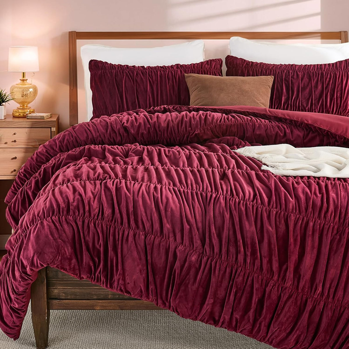 Bedbay Burgundy Velvet Queen Comforter Set,Boho Shabby Chic Ruched Bedding Comforter,Aesthetic Vintage Bedding Fluffy Ruffle Comforter Set,Ultra Soft Velvet Chenille Quilt Set,Red Full/Queen 3 Piece