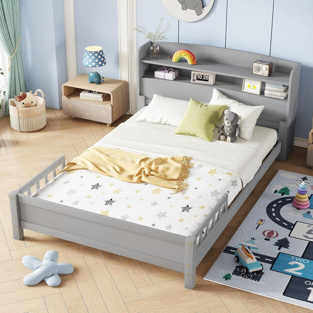 Full Size Kids Bed, Wood Kids Bed with Storage Bookcase & Headboard, Beds Frames with Rails & LED Motion Sensor Light, for Boys and Girls, Grey