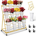 Flower Display Stand with 12 Buckets,with Wheels, 3 Layers White Moving Florist Bouquet Shelf, for Patio Garden，Outdoor Flower Pop-Up Events，Flower Cart Display Stand