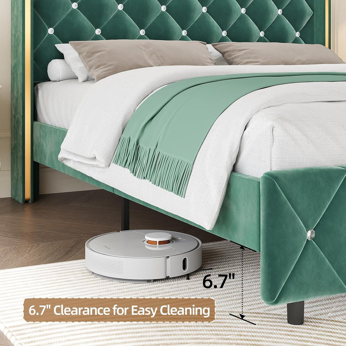 HOMBCK King Size Bed Frame with Headboard, Upholstered Platform Bed with Wingback Design, Modern Diamond Bed Frame with Tufted Deep Button, No Box Spring Needed, Easy Assembly, Green