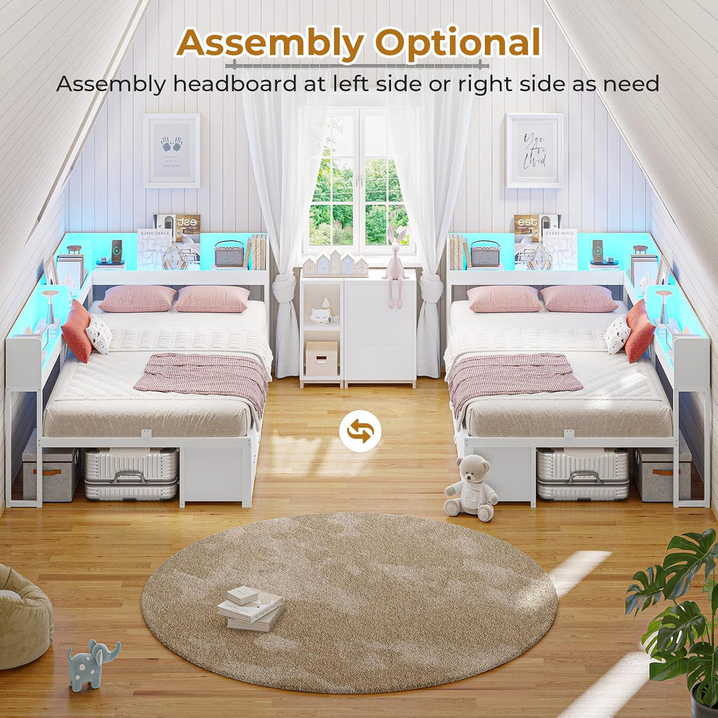 MSmask 14 Inch Corner Bed Frame with Bookcase Storage, Twin Daybed with 6 Drawers, Charging Station and LED Light, Twin Size Metal Platform Bed Frame, No Box Spring Needed, White