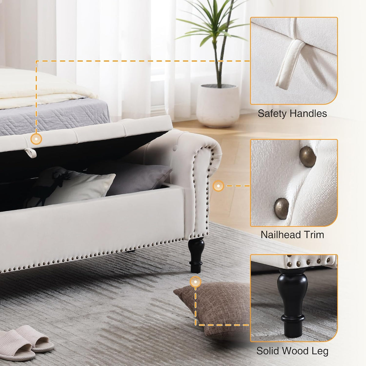 Velvet Storage Bench 67 Inch Upholstered Tufted Ottoman Bench with Arms Large Storage Space King Size End of Bed Benches for Bedroom Living Room Entryway Beige
