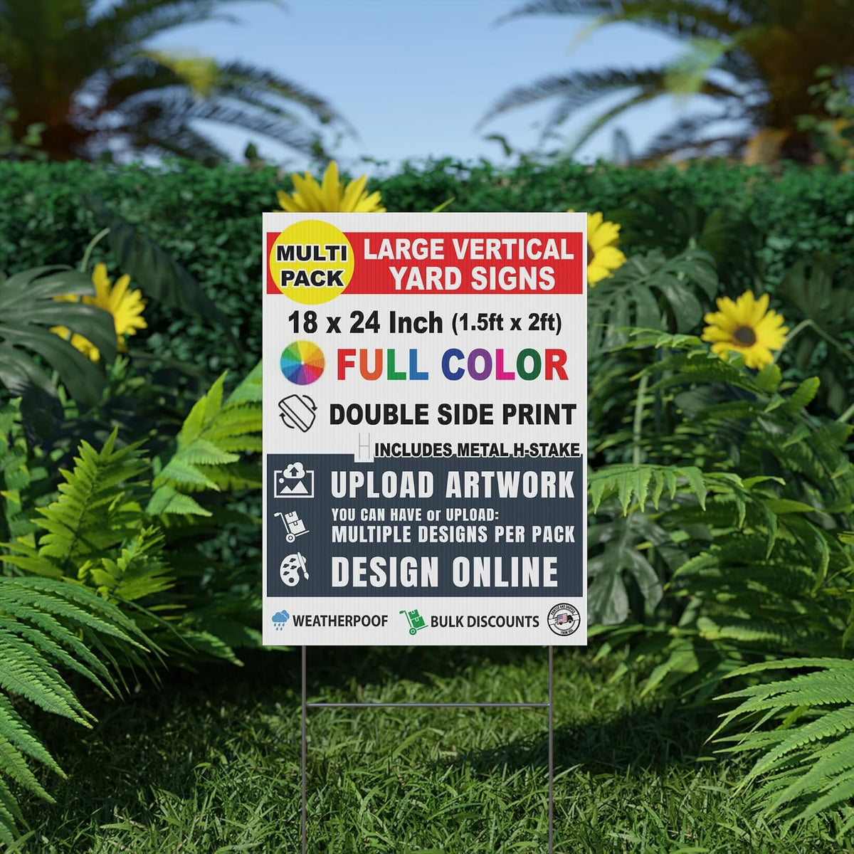 Fifty (50) Pack Custom Yard Signs Vertical, 18x24 Inch Double Sided, Stakes Included, Upload Artwork, Design Mutliple Versions per Pack Size (50)