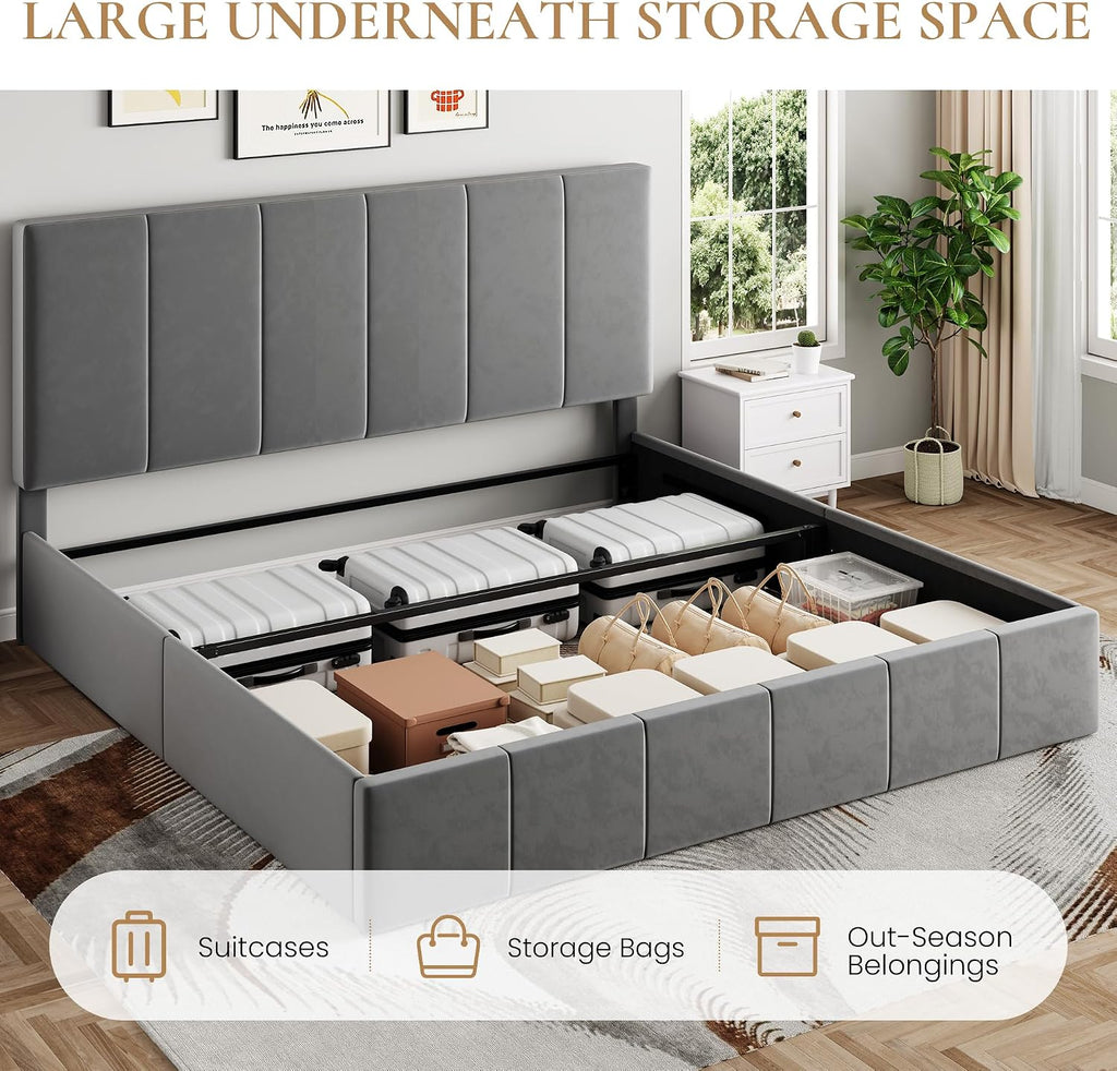 SHA CERLIN King Size Lift Up Storage Bed Frame, Adjustable Headboard, Hydraulic Support, Velvet Upholstered, Easy Installation, No Box Spring Needed, Gray