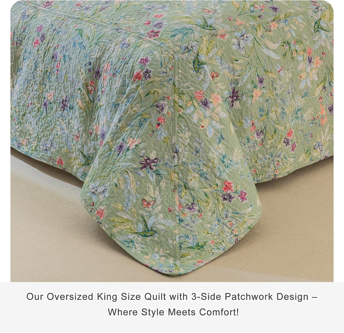 Lady Ann 100% Cotton Floral Cal King Quilt Set - Green Flower Bird Butterfly Pattern Print Quilted 118x106 Bedspread & Coverlet Set, 3 PCS Lightweight Extra Soft King Bedding Sets All Season