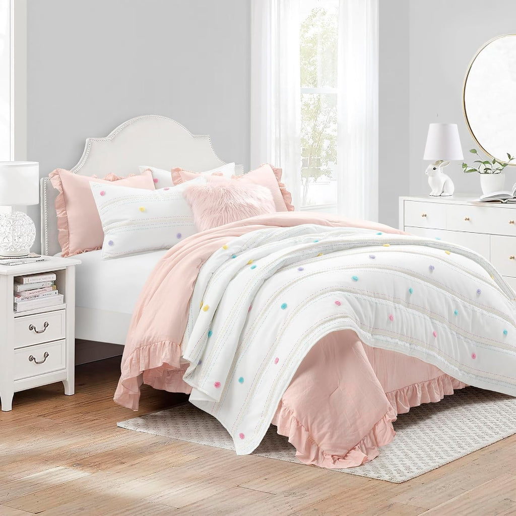 Lush Decor Rainbow Pom Pom and Stripes Quilt Set, 3 Piece Set, Full/Queen, White & Rainbow - Fun & Colorful Kids Bedding Set - Rainbow Quilt for Teen Dorm Decor - Striped Quilt - Girls Bedroom Decor