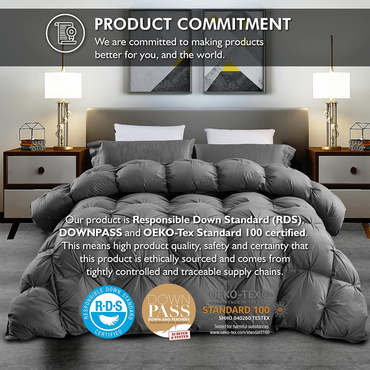 Luxurious Goose Down Feather Fiber Comforter Palatial King Size Duvet Insert, Pinch Pleat Ruffled Twisted Flower, 120 x 98 inches, 100% Egyptian Cotton Cover, 85 oz. Fill Weight, Gray