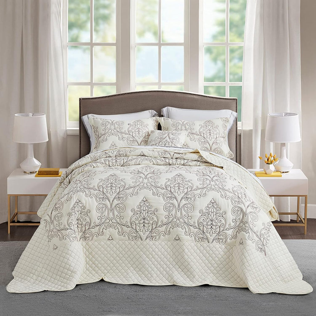 CHIXIN Oversized Bedspread Coverlet Set King Size - Lightweight Bedding Cover - Beautiful Stitching - 5 Piece Reversible Bedspread - Luxury Damask Paisley Pattern (King, Ivory)
