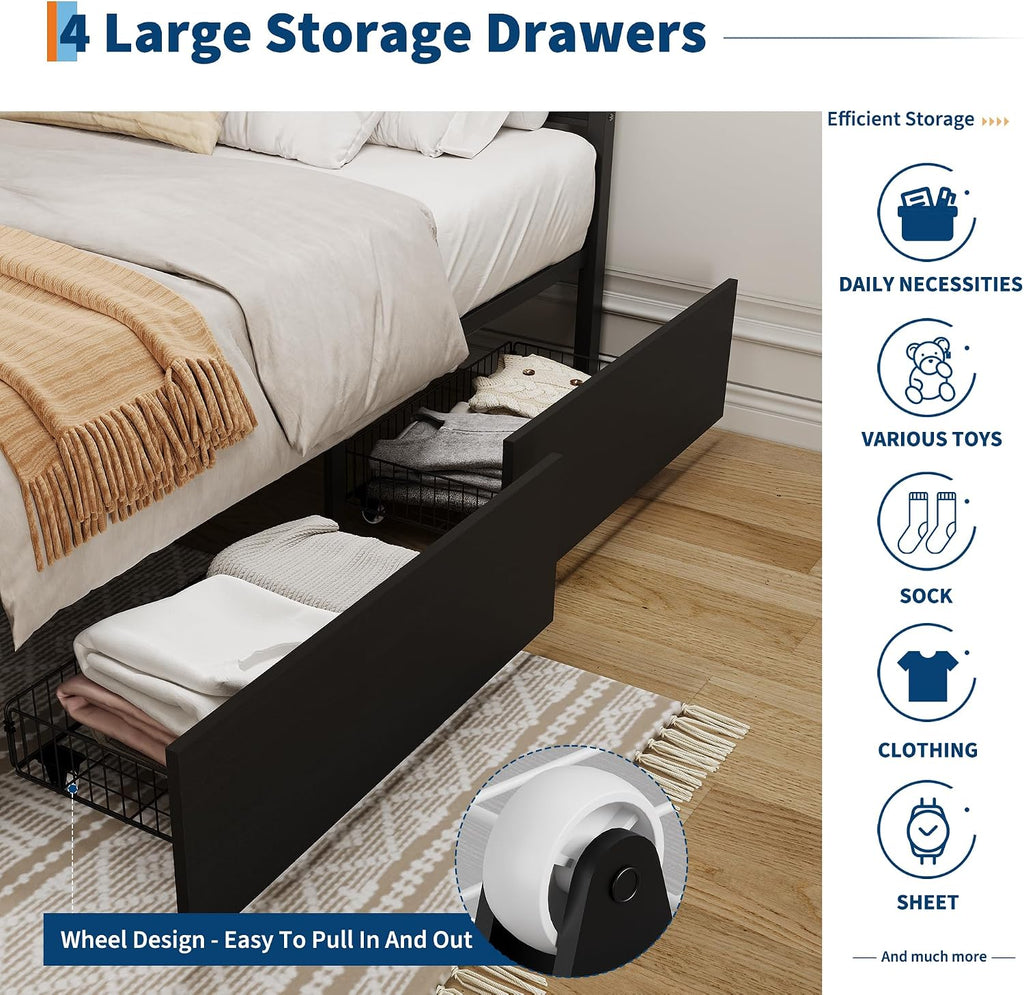 IDEALHOUSE Rattan Bed Frame with Storage Drawers, Boho Full Size Led Bed Frame with Strong Metal Slats Support, No Box Spring Needed, Noise-Free Design, Black