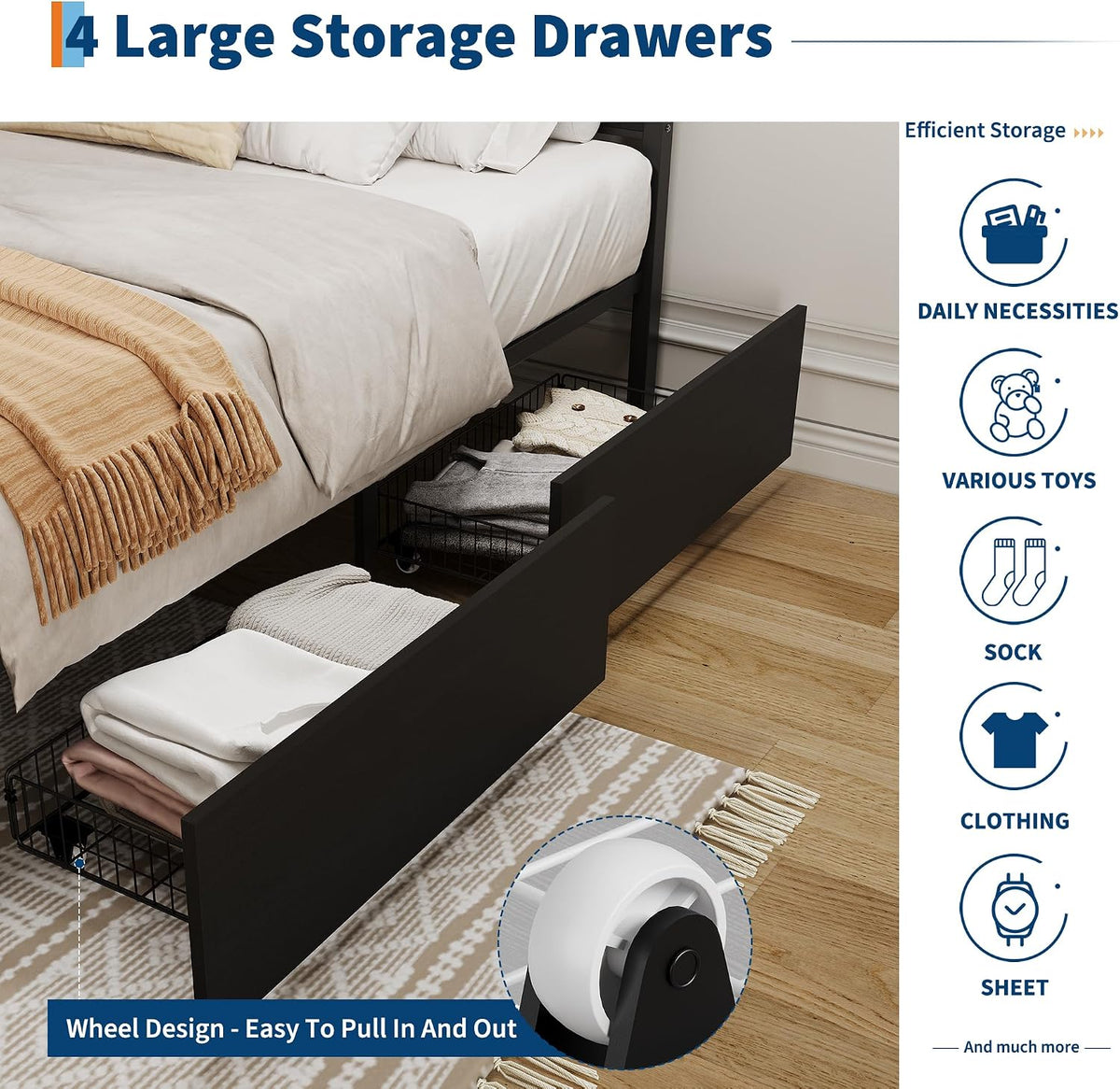 IDEALHOUSE Rattan Bed Frame with Storage Drawers, Boho Full Size Led Bed Frame with Strong Metal Slats Support, No Box Spring Needed, Noise-Free Design, Black