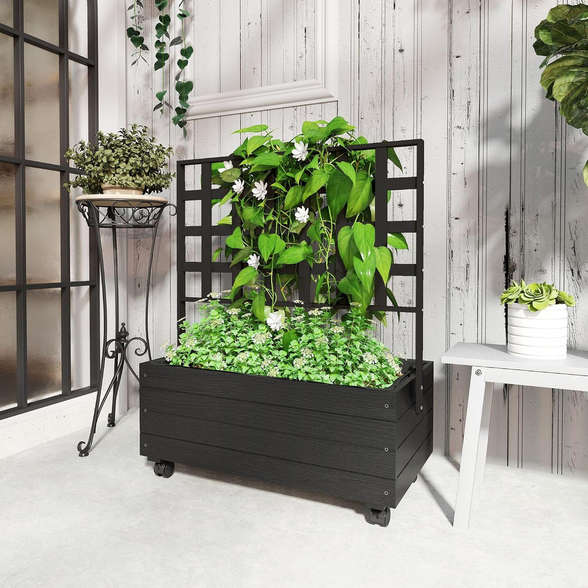 54x96x12inch Eco-Friendly Wooden Elevated Garden Bed with Custom Trellis System and Universal Swivel Wheels for Easy Portability