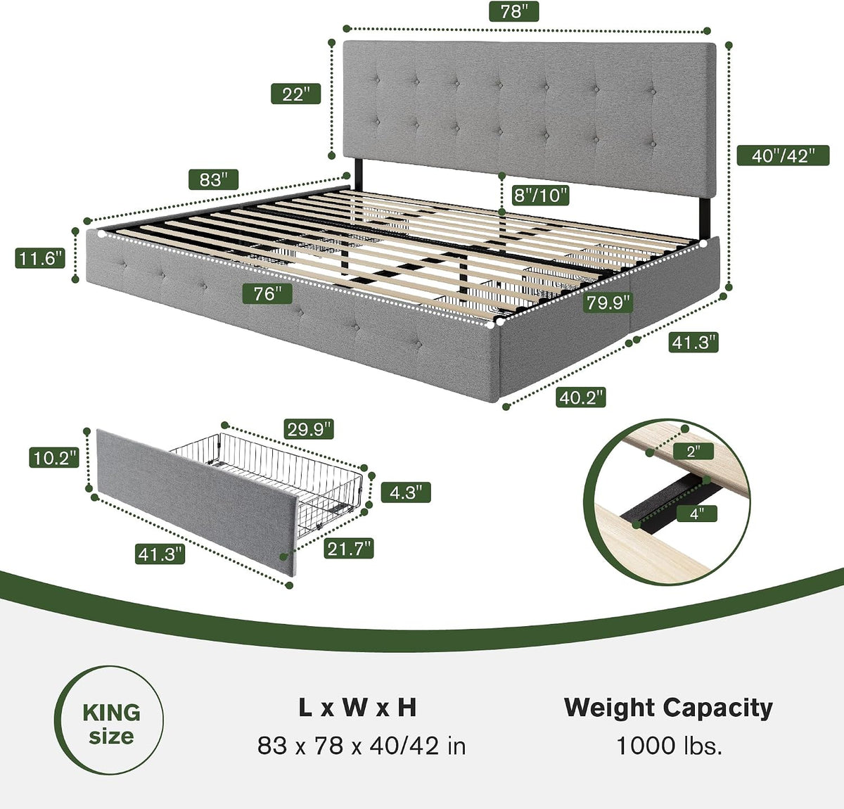 MUTICOR King Size Bed Frame with 4 Storage Drawers, Upholstered Platform Bed with Button Tufted Adjustable Headboard, No Box Spring Needed, Easy Assembly, Square Tufted, Light Grey Fabric