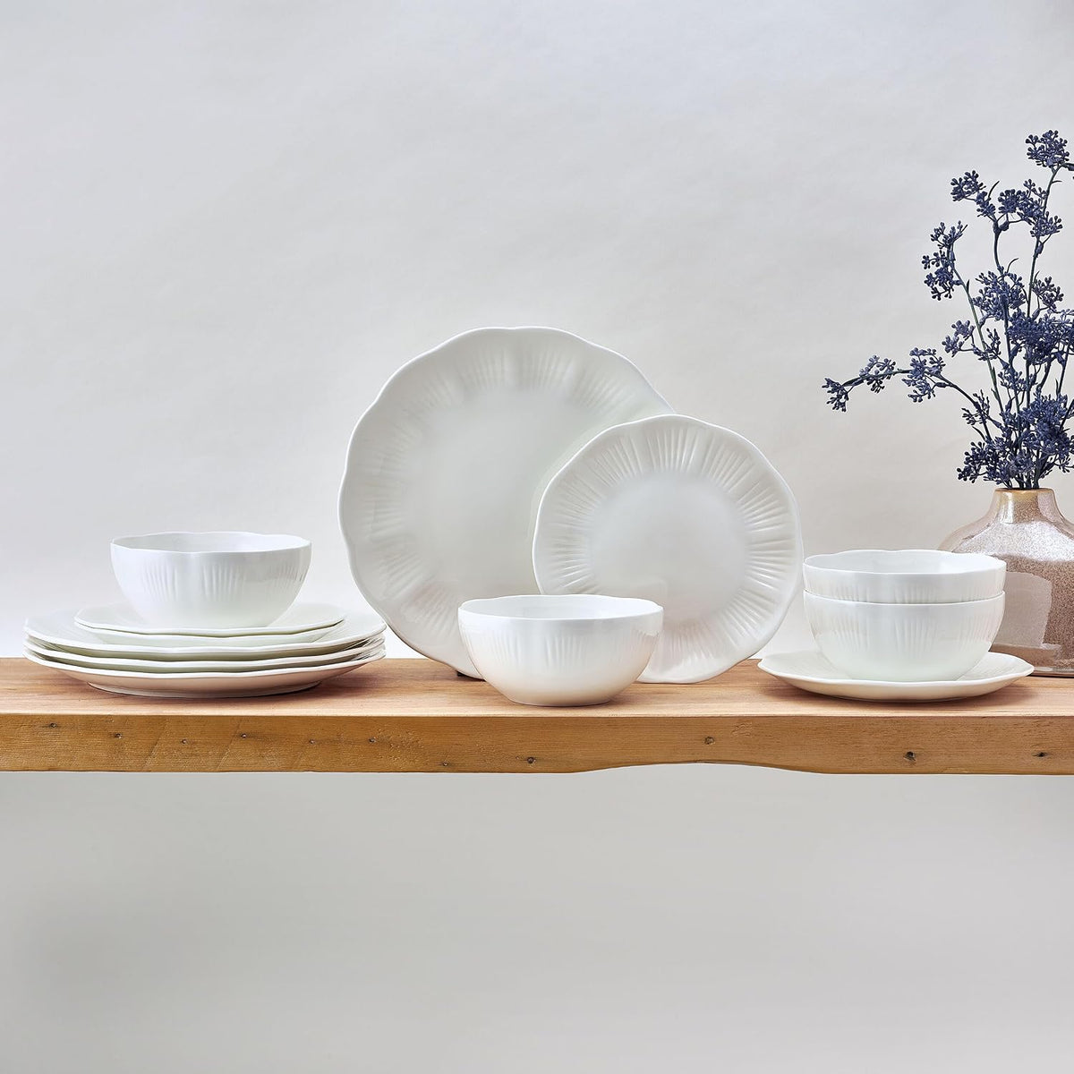 Mikasa Flora Scalloped Lightweight Chip Resistant Bone China 12 Piece Plate Bowl Dinnerware Set, Service for 4, White