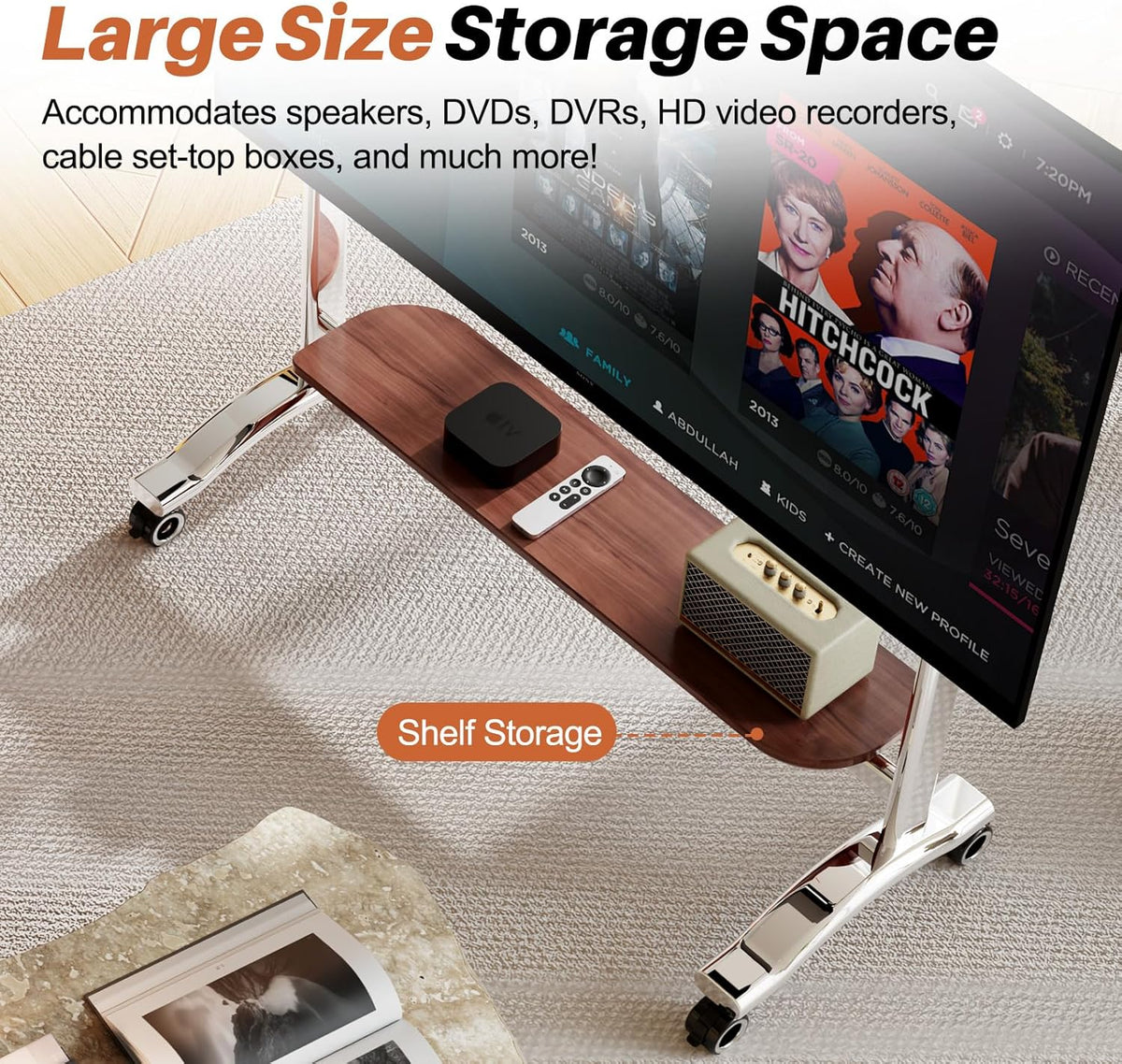 Heavy Duty Mobile TV Stand Easel Rolling TV Cart with Wheel for 65-110 Inch, Stainless Steel Portable Floor TV Stand on Wheels with Storage Pegboard Hold Up to 198 Lbs Max VESA 1200x600mm