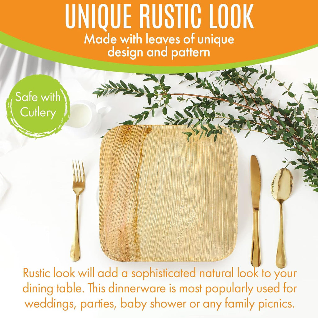 Raj Palm Leaf Plates Bulk [50-Pack] 7' Square Plates(5 CASES - 250 PACK) like Bamboo plates Disposable, Strong, Decorative Compostable Tableware for weddings, Lunch, Dinner, Birthday, Camping