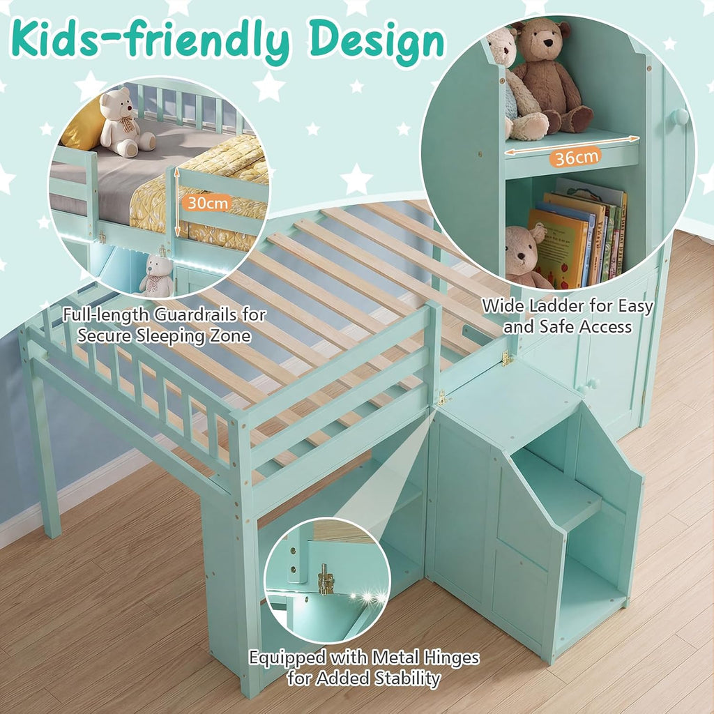 Giantex Low Loft Bed Twin Size with LED Lights, Wooden Bed Frame w/Stairs, Safety Guardrails, Storage Cabinet, Bookshelf & Under-Bed Play Space, Modern Kids Loft Bed for Boys Girls (Mint Green)