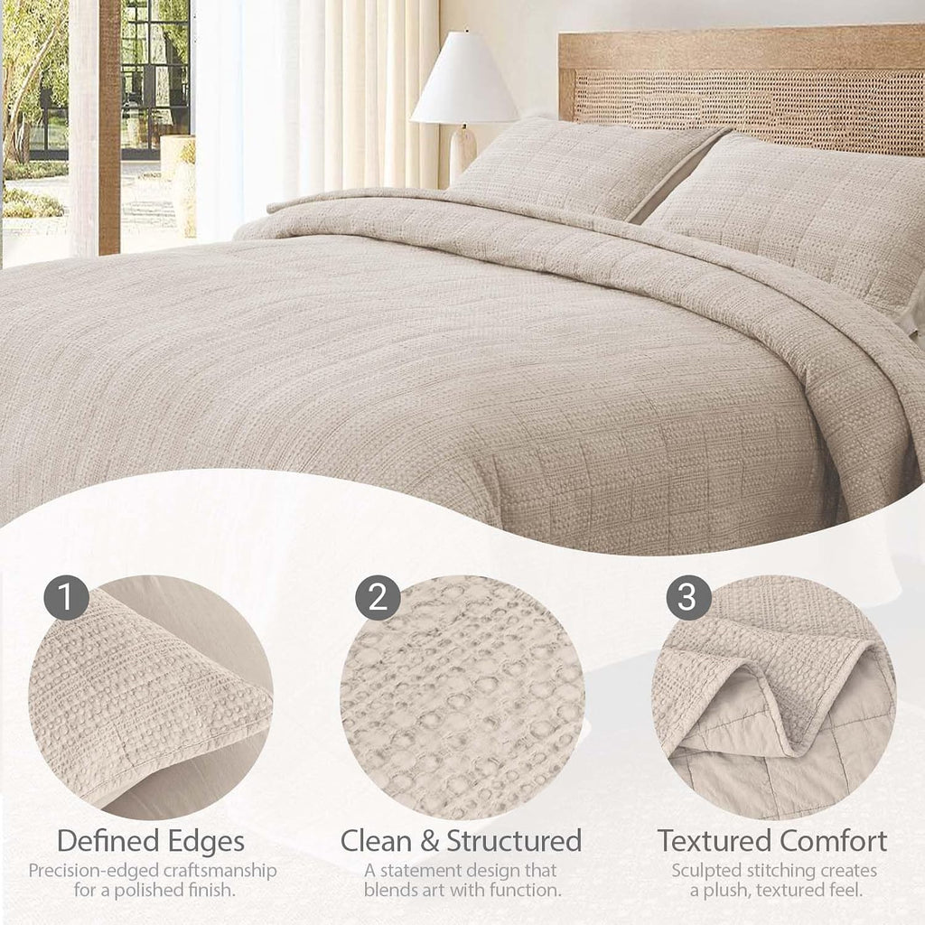 90x92 Queen Size Quilt Set with Pillow Shams Quilted Bedding Cover Ultra Soft Bedspread 3 Pieces Lightweight Soft Blanket for Home Decor,Khaki