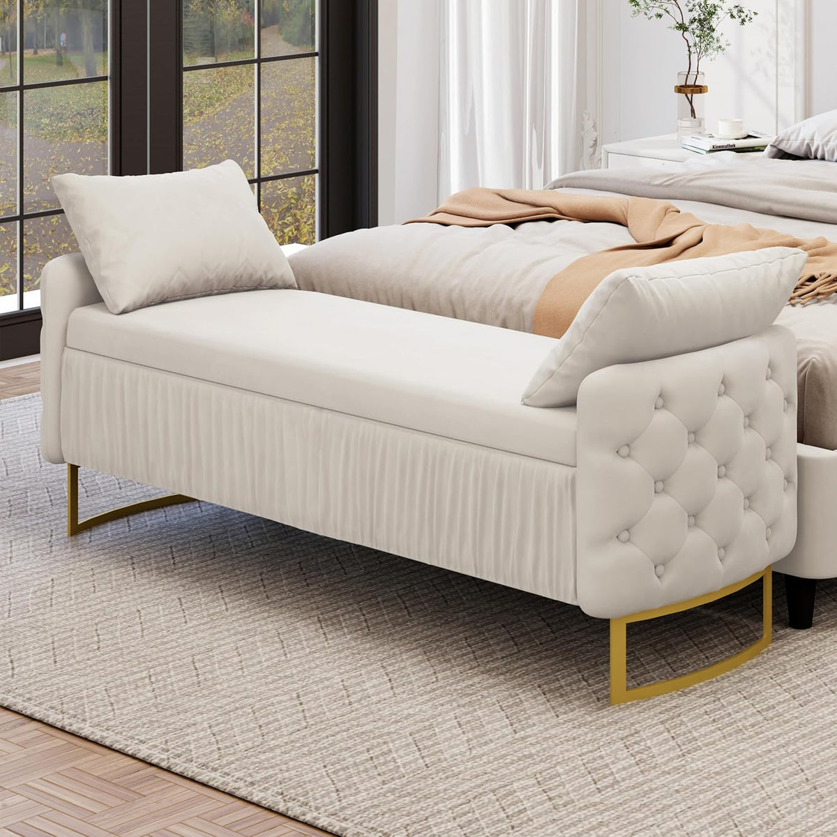 2-Pieces Bedroom Sets, Full Size Tufted Velvet Upholstered Platform Bed with Storage Ottoman Bench for Kids Teens Adult Bedroom, Wood Slat Support, No Box Spring Needed (White-2Z)