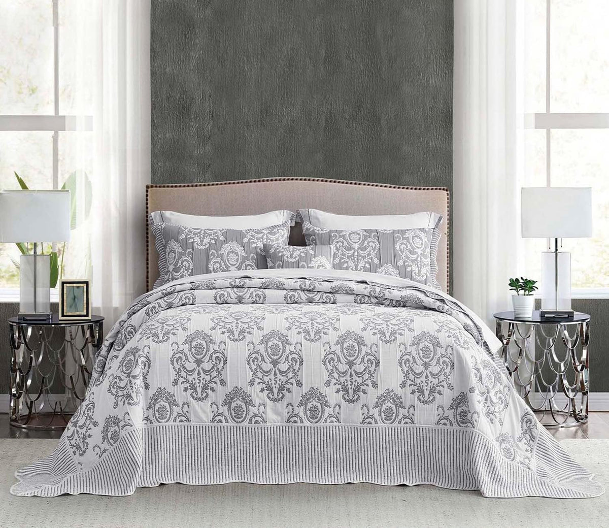 HZ & HY Oversized Queen Bedspread, Jacquard Matelasse Damask Pattern Design, Lightweight, Reversible, 5 Piece, 100% Microfiber, Queen, Grey