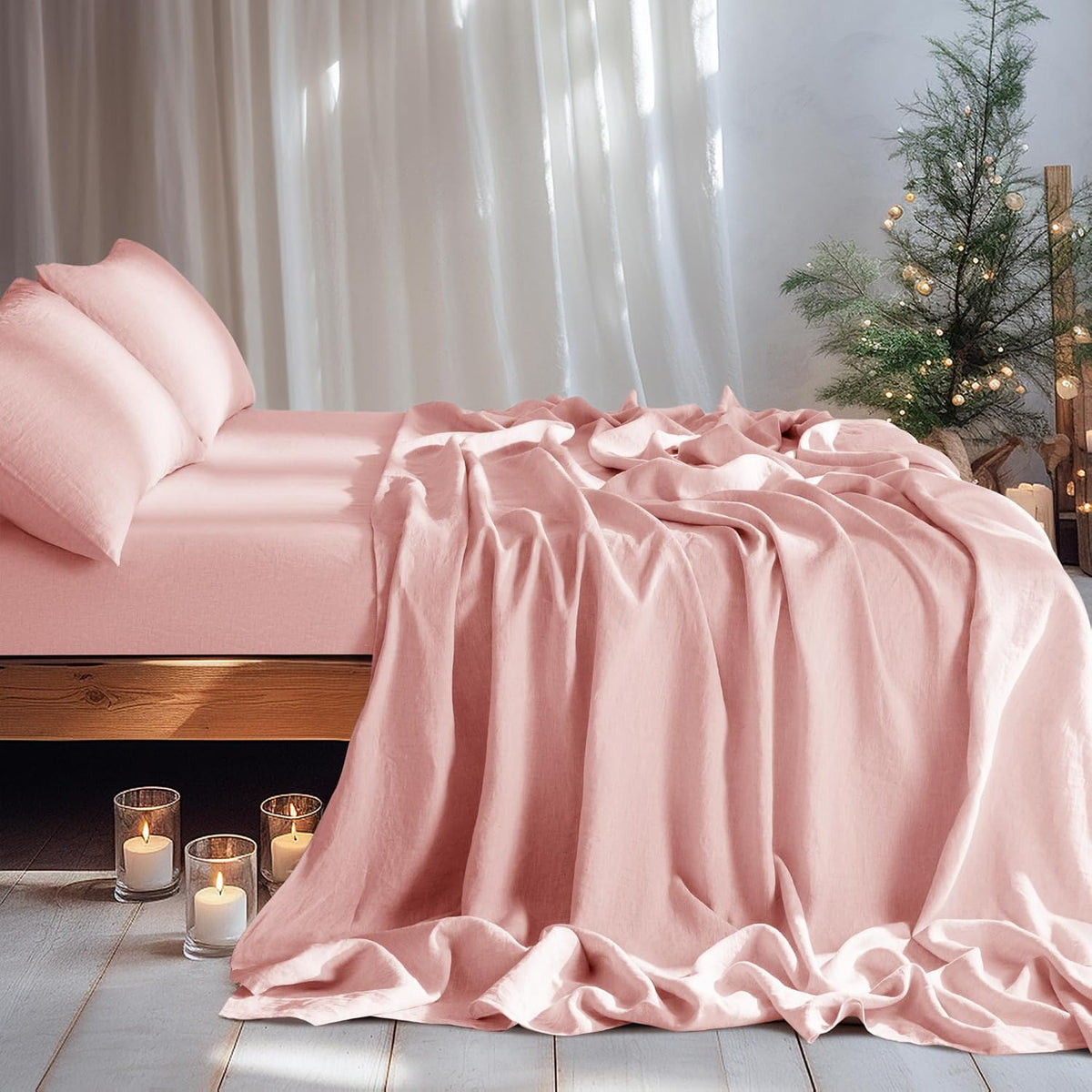 LBRO2M 100% Pure Linen Sheet Set Deep Pocket Up to 16' Bed Sheets Sets, Natural Flax Beddings Soft, Breathable, Comfortable for All Seasons 4 Pcs Sheet Set Queen Size, Blush Pink