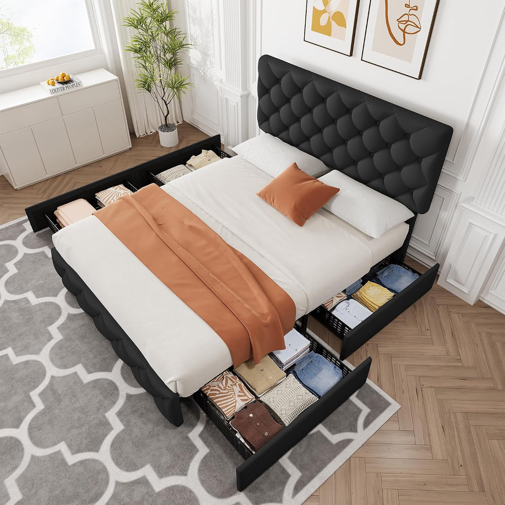 GarveeHome Full Size Bed Frame with 4 Storage Drawers and Adjustable Headboard, Linen Upholstered Platform Beds, Diamond Stitched Button Tufted, No Box Spring Needed, Black