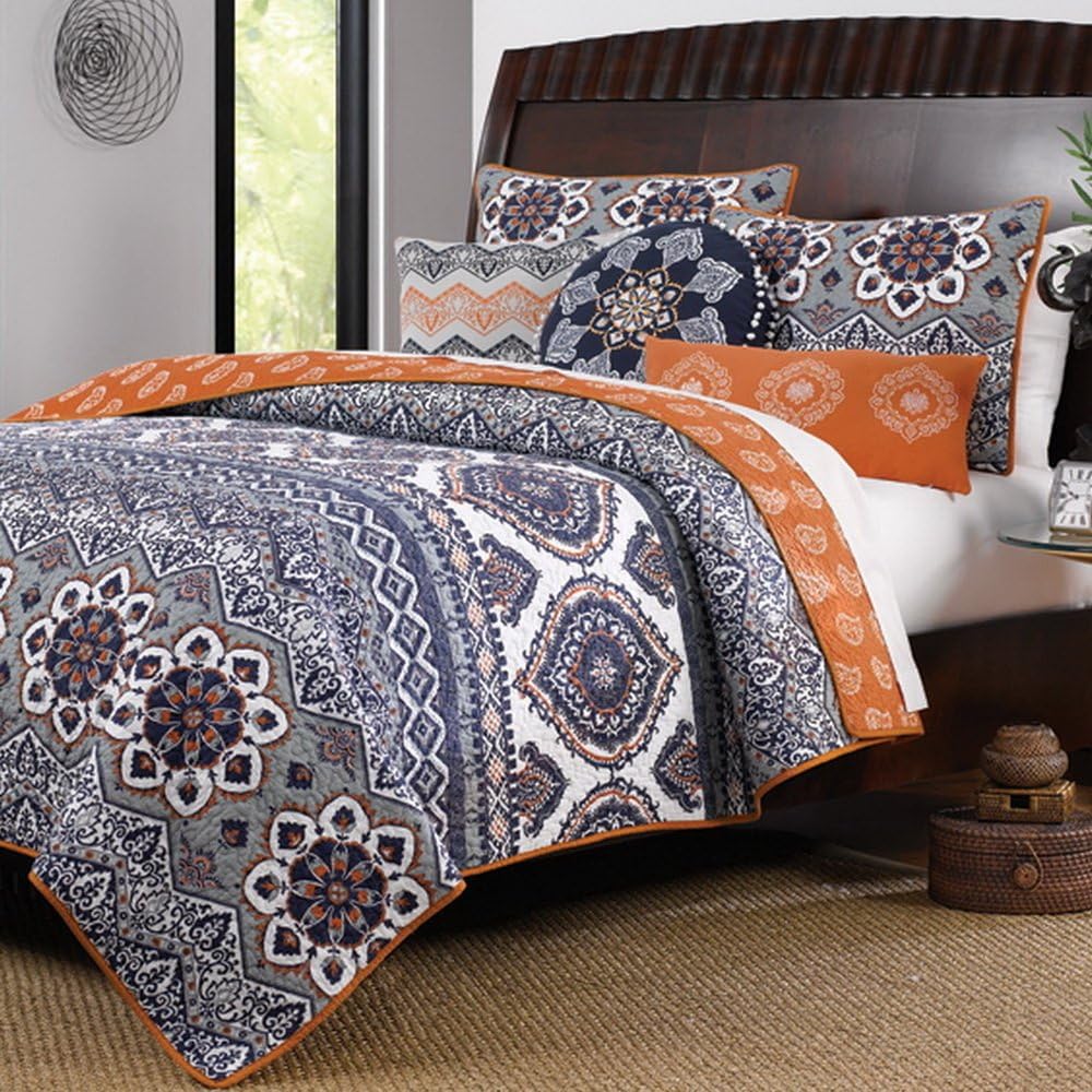 Boho Chic Moroccan Paisley Pattern Grey Orange Cotton 3 Piece Full/Queen Size Quilt Bedding Set