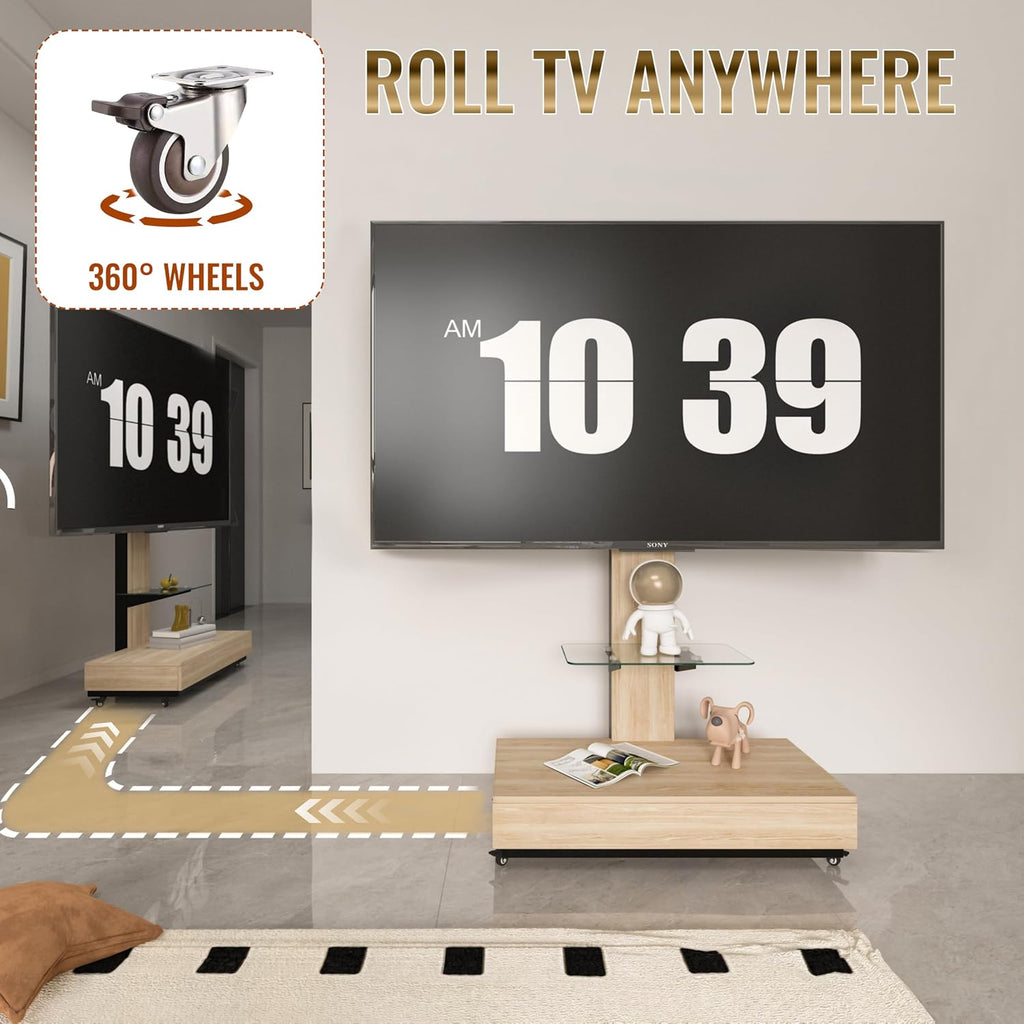 Wood and Glass TV Stand with Wheels,TV Stand with Push-Pull Drawer,Height Adjustable Mobile TV Cart for Living Room, Bedroom, Office, for 32-75 inches