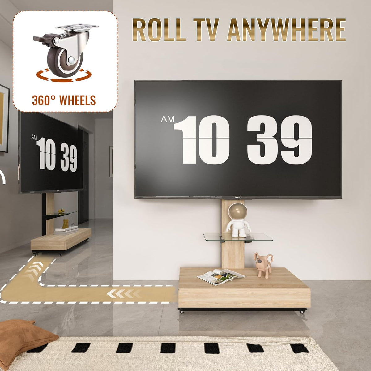 Wood and Glass TV Stand with Wheels,TV Stand with Push-Pull Drawer,Height Adjustable Mobile TV Cart for Living Room, Bedroom, Office, for 32-75 inches