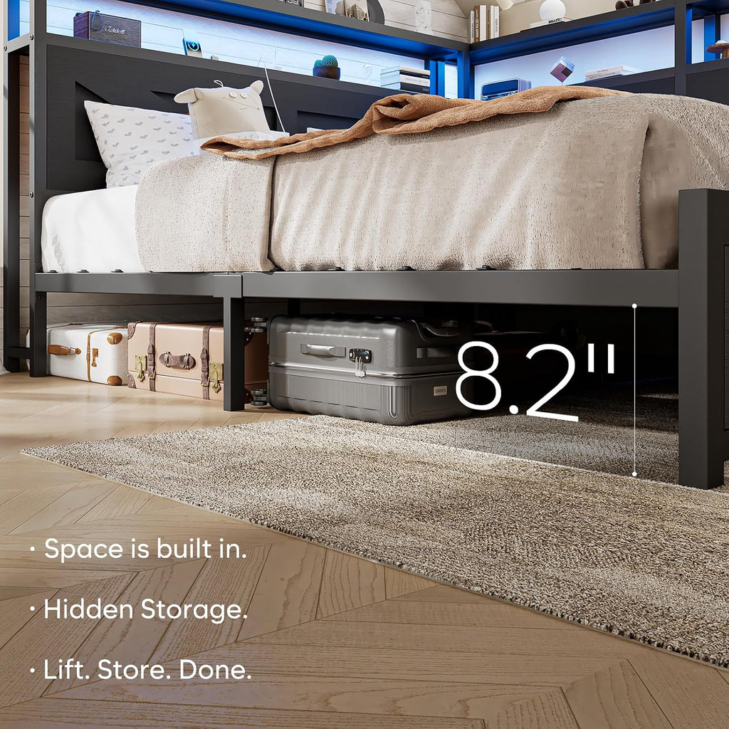 CIKUNASI Corner Full Size Bed Frame with Headboard and Storage Farmhouse Daybed Frame with LED Lights and Charging Station Metal Platform Bed Frame Full Size for Kids Corner Bed