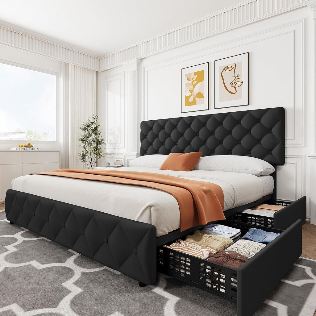 GarveeHome King Size Bed Frame with 4 Storage Drawers and Adjustable Headboard, Linen Upholstered Platform Beds, Diamond Stitched Button Tufted, No Box Spring Needed, Black