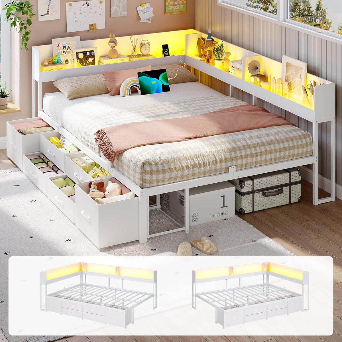 VIAGDO Corner Bed Frame Full with Storage Bookcase and 6 Drawers, Metal Platform Corner Bed Frame with LED Lights and Charging Station, Full Daybed for Kids Teenagers, White