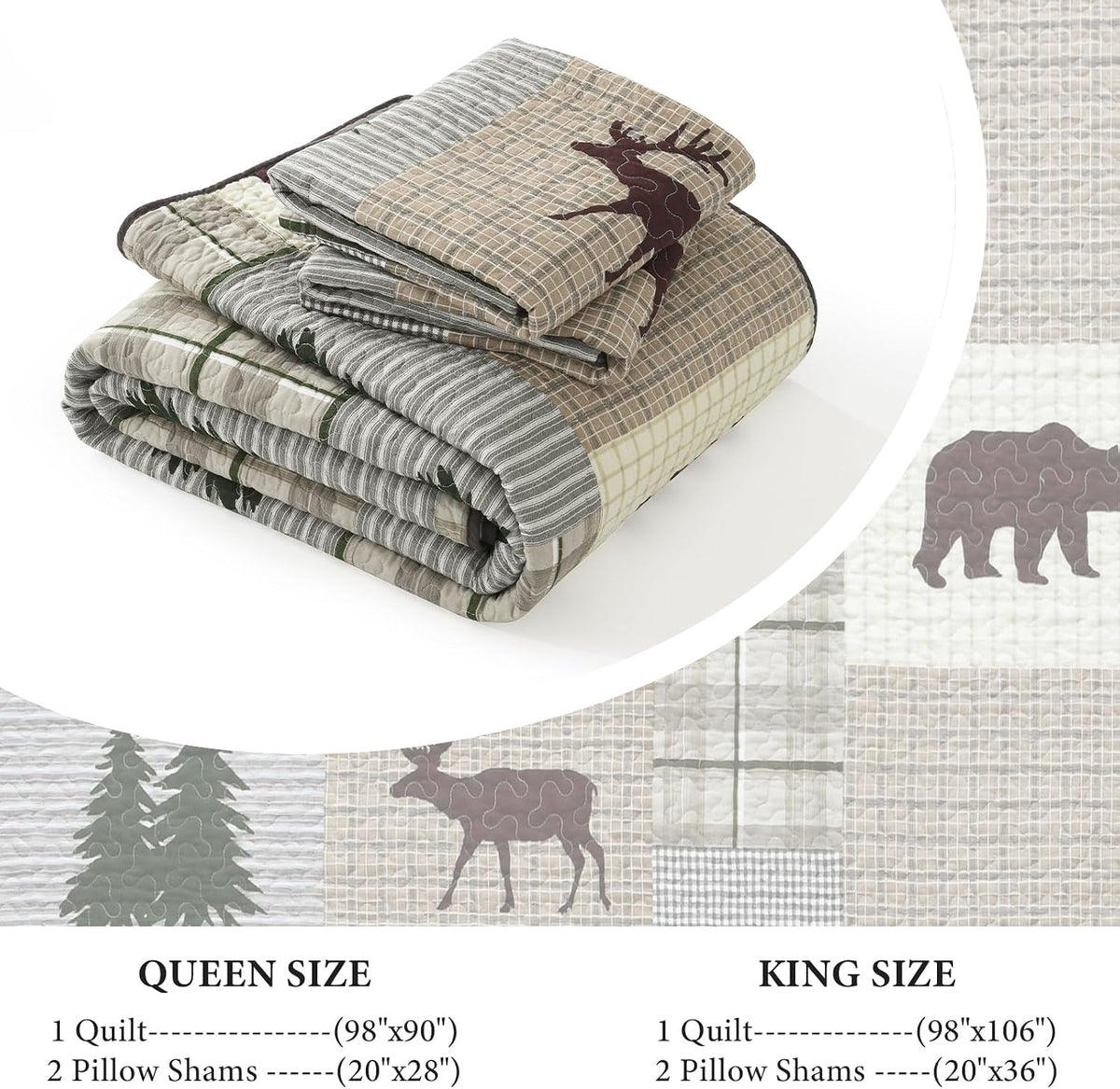 Uniclinens Quilt Set King Size, 100% Cotton Quilted Quilt Bedding Set Bedspread, Bear Tree Elk Farmhouse Rustic Quilt, Patchwork Plaid Comforter Set, 3 Pieces Set with 2 Pillowshams, Brown/Grey/Green