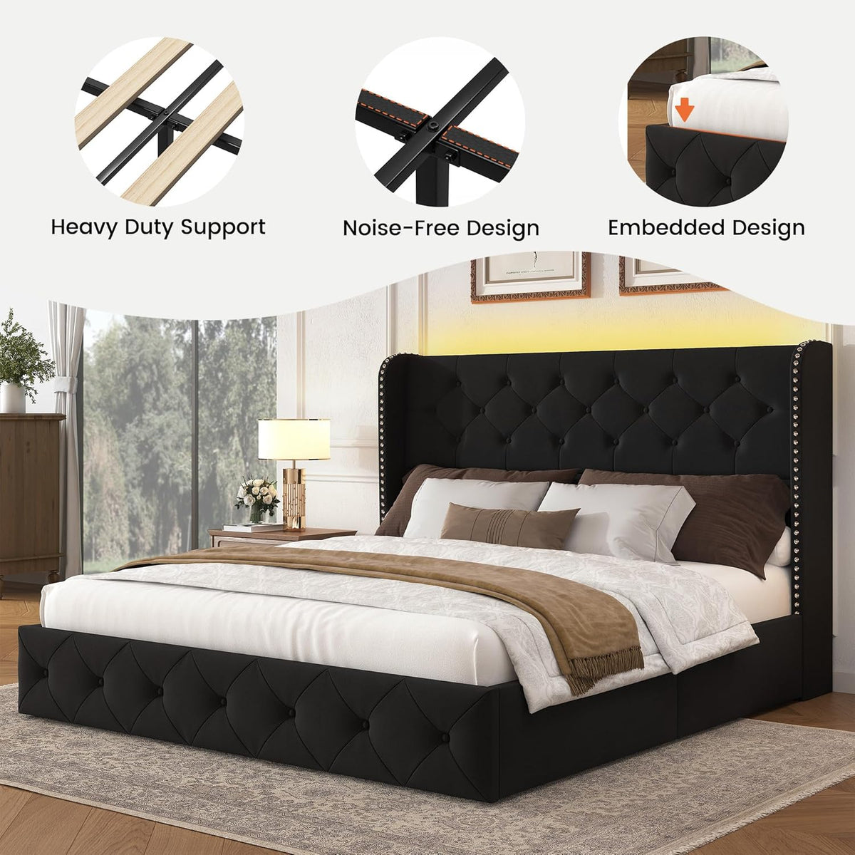 LARMACE Queen Size Bed Frame with LED Lights and 4 Storage Drawers Velvet Upholstered Platform Bed Frame with 47.2' Tall Tufted Headboard Wingback, No Box Spring Needed, Easy to Assemble, Black