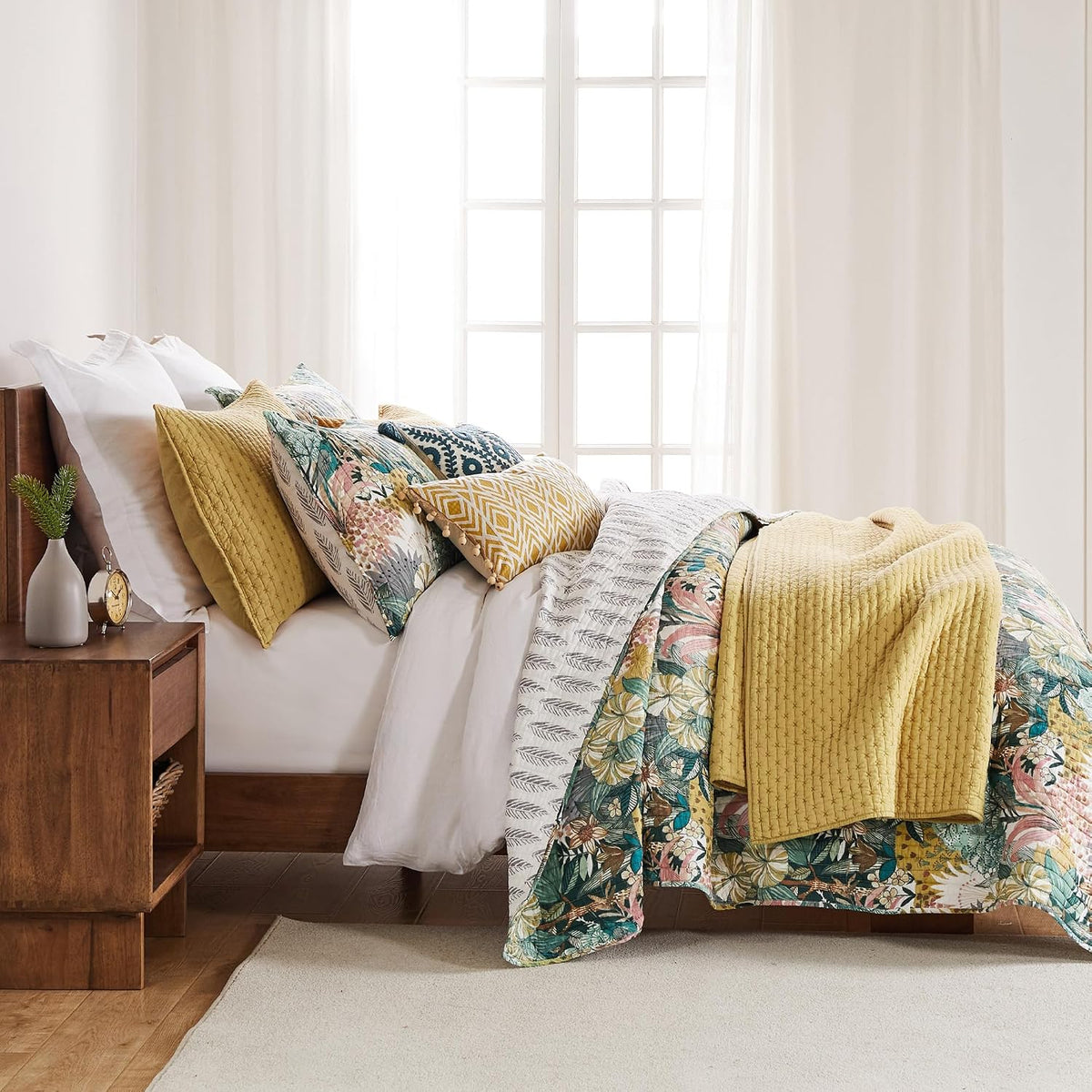 Levtex Home - Ashika Quilt Set - King Quilt and Two King Shams - Tropical - Green, Blush, Ochre, Grey and Cream - Quilt (106x92in.) and Shams (20x36in.) - Reversible - Cotton