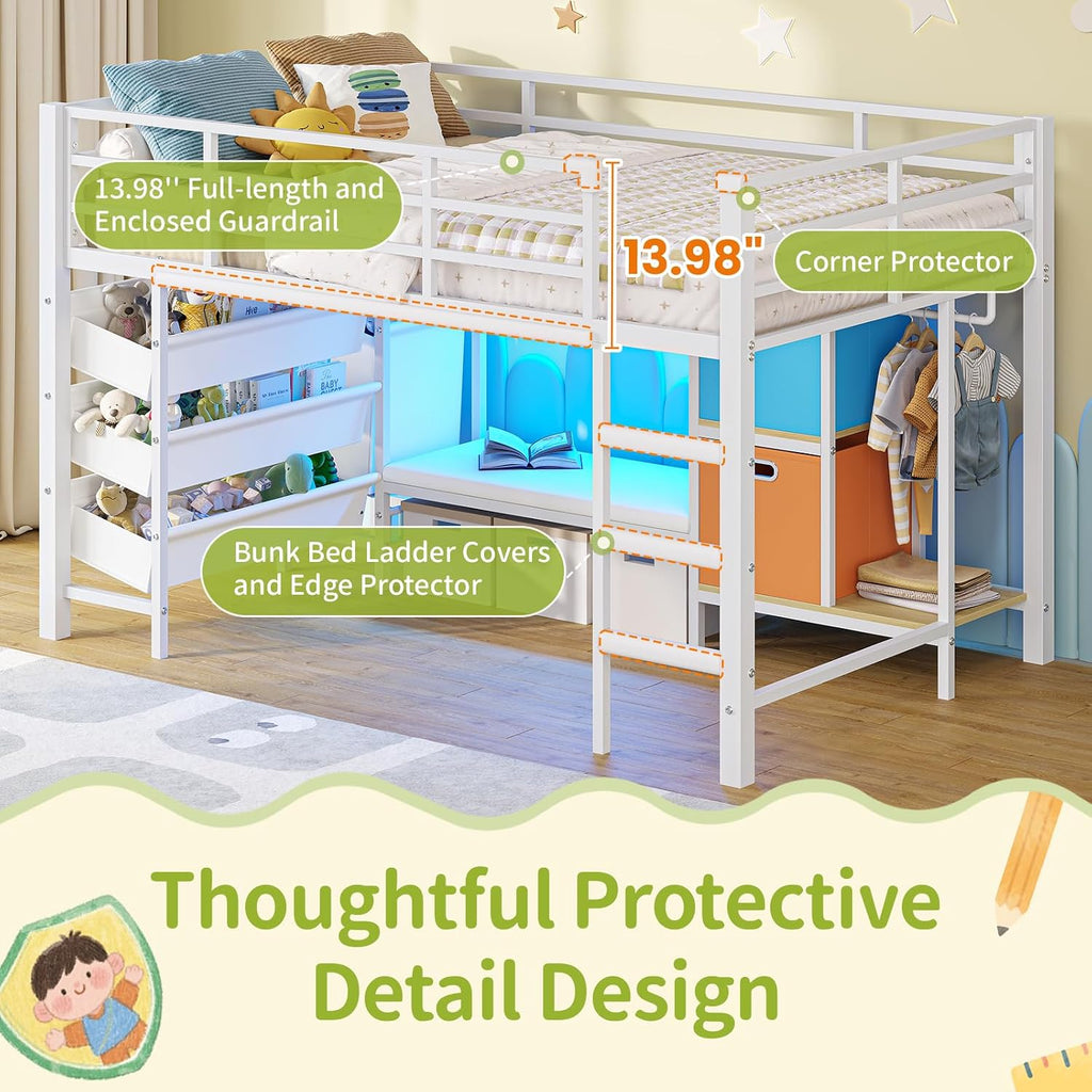 DICTAC Low Loft Bed Twin Size with Reading Corner Metal Twin Loft Bed with LED Lights,Sling Drawers and Bookshelf,loft Bed with Storage Basket and Bins,13.98' H Safety Guardrail and Stairs,White