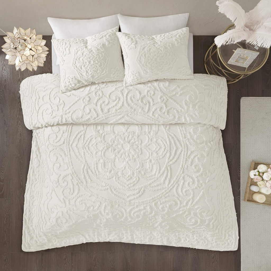 Madison Park Laetitia Comforter Bohemian Tufted Cotton Chenille, Medallion Shabby Chic All Season Down Alternative Bed Set with Matching Shams, Floral Off White Full/Queen(90'x90') 3 Piece