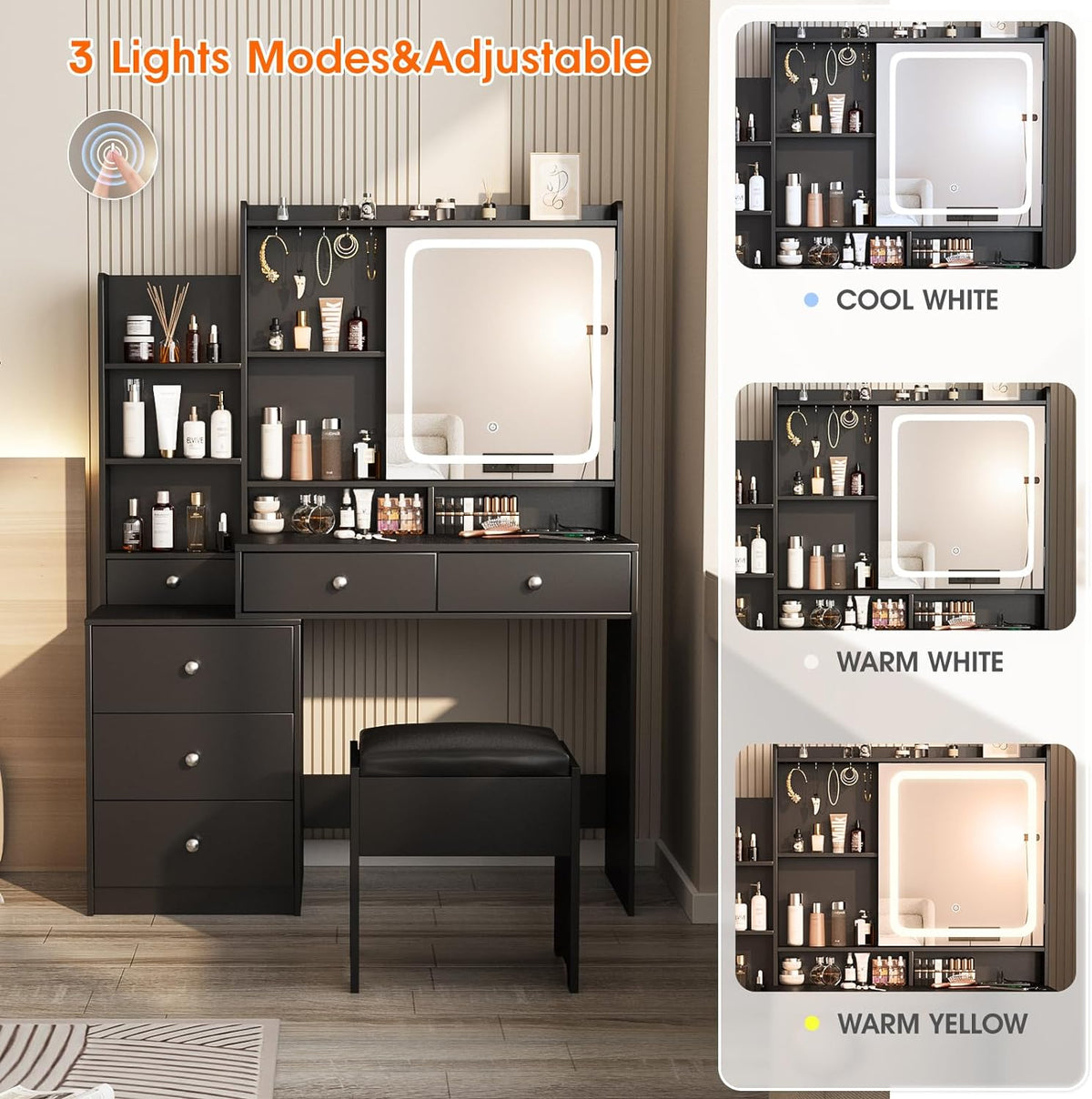 Vabches Vanity Makeup Mirror Desk with Stool,Makeup Vanity Set with 6 Drawers and Shelves,Dressing Table with Power Strip, 3 Color Modes Available,Black
