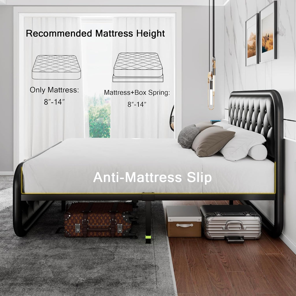 Einhomn Full Size Metal Bed Frame with Button Tufted Leather Upholstered Headboard and Footboard, U-Shape Support Foundation, No Box Spring Required, Black
