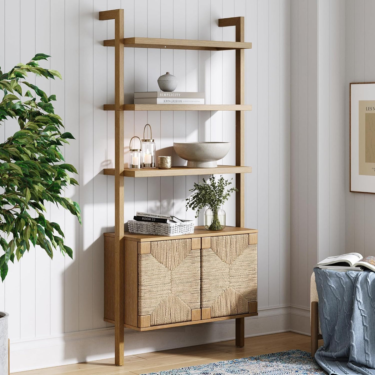 Nathan James Beacon 3-Shelf Solid Wood Bookshelf with Storage Cabinet, Bohemian Wall Mounted Shelf with Seagrass Door Fronts