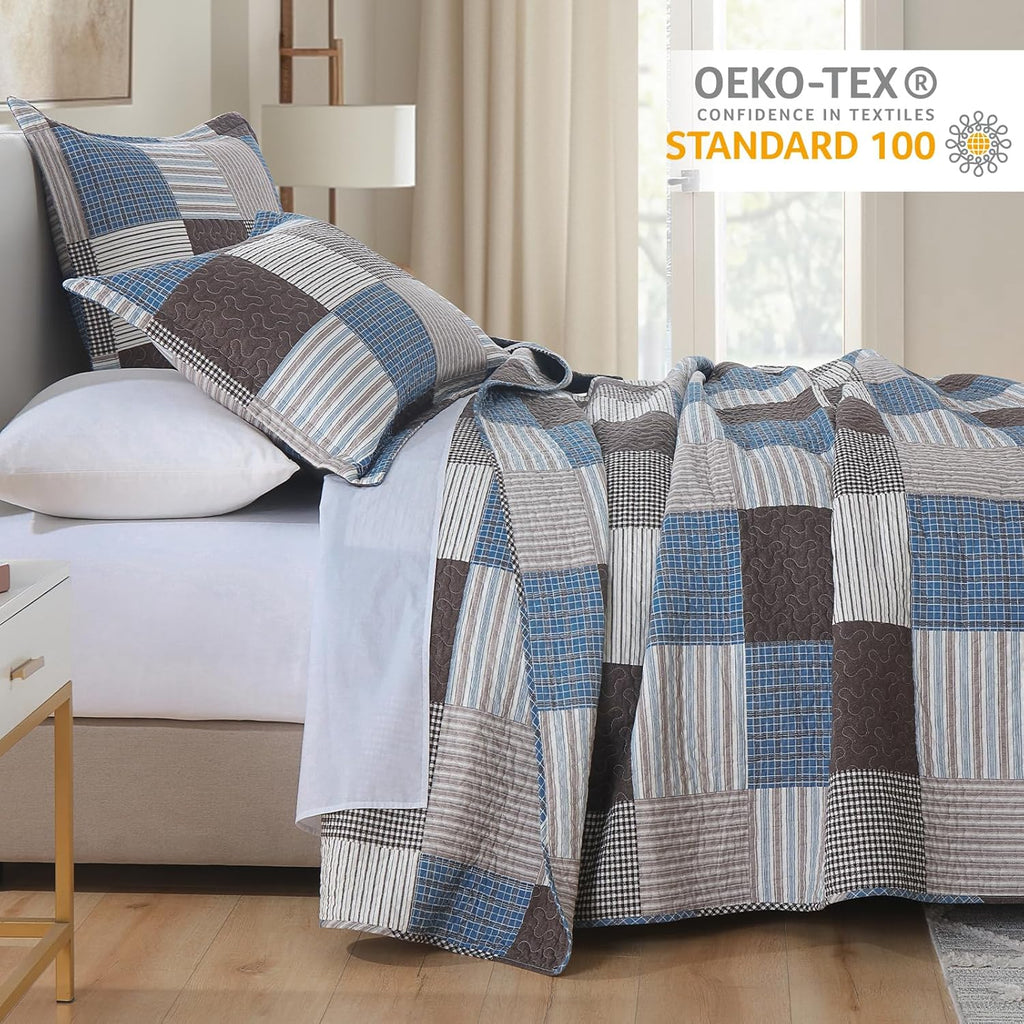 Finlonte Quilt King Size - 100% Cotton Plaid King Size Comforter Set Farmhouse Modern Quilt Bedding Set, Reversible Lightweight Soft Bedspread, Blue Brown Quilted Coverlet All-Season, 3-Piece
